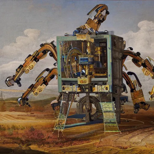 Prompt: a machine with 6 mechanical arms painting a landscape