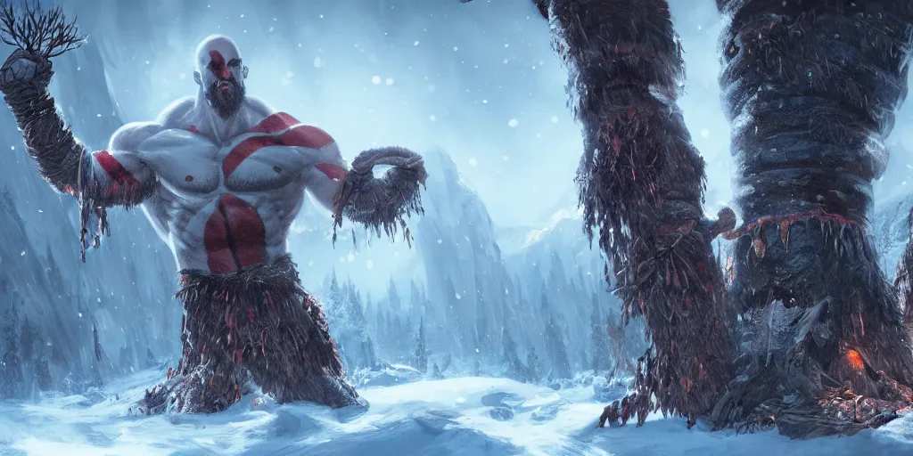 Image similar to an environmental concept art of god of war, a giant cyclops wields a tree, winter, highly detailed, environmental light, cinematic by francis tneh