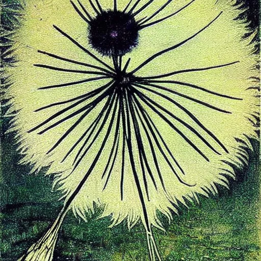 Image similar to a beautiful fairytale painting of a dandelion seed that is also a fairy. the dandelion seed is the body of the fairy. beautiful clear painting by arthur rackham