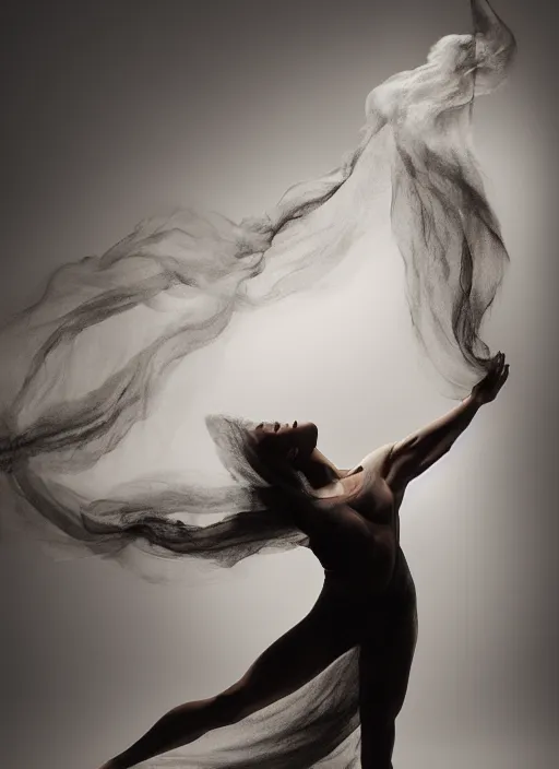 Image similar to a Photorealistic dramatic hyperrealistic render of a beautiful Female smoke dancer by Ken Brower and Deborah Ory of NYC Dance project,Lois Greenfield,Flowing cloth and smoke,Beautiful dynamic dramatic dark moody lighting,volumetric,shadows,cinematic atmosphere,Octane render,8K