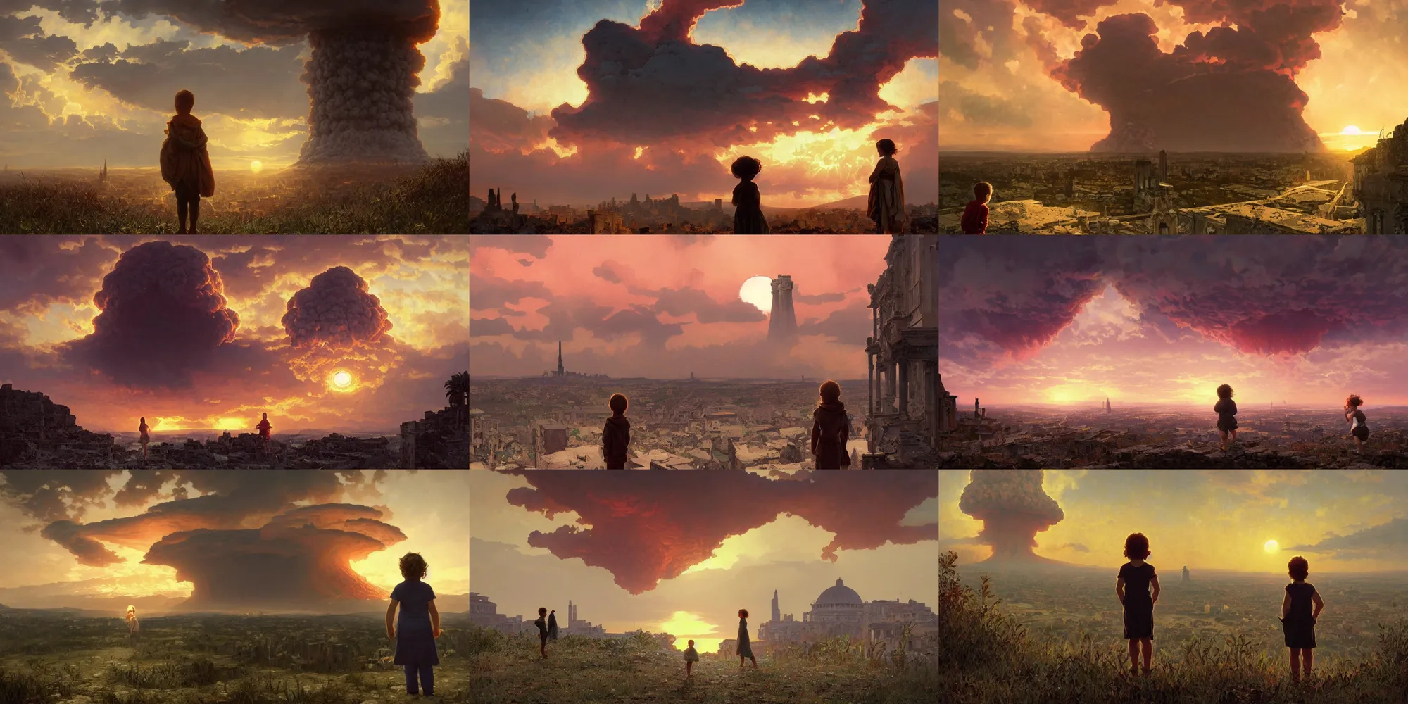 Prompt: a child looking at a nuclear explosion in ancient roman city, mushroom cloud on horizon, moody sunset in background, greg rutkowski, alphonse mucha, raphael lacoste, trending on artstation, artgerm, unreal engine, breathtaking, award winning, highly detailed