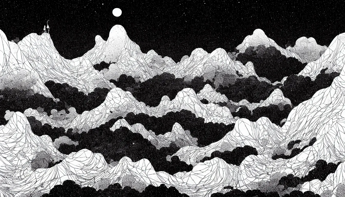 Image similar to clouds beneath mountain peaks by nicolas delort, moebius, victo ngai, josan gonzalez, kilian eng