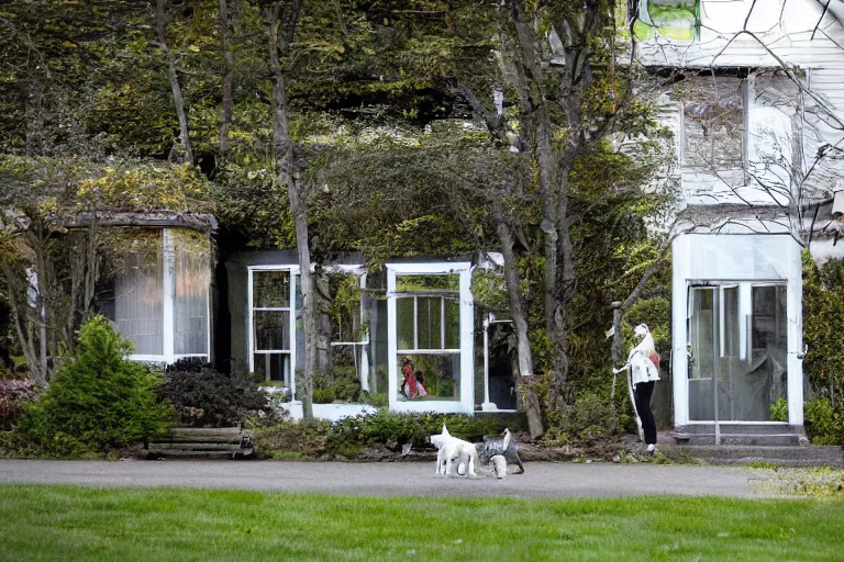 Image similar to the sour, dour, angry lady across the street is walking her three tiny white dogs on leashes. she shuffles around, looking down. she has gray hair. she is wearing a long gray cardigan and dark pants. highly detailed. green house in background. large norway maple tree in foreground. view through window.