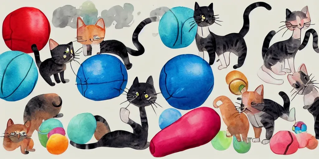 Prompt: watercolor illustration style, cute! cats!! training in the fitness studio with sports equipment!