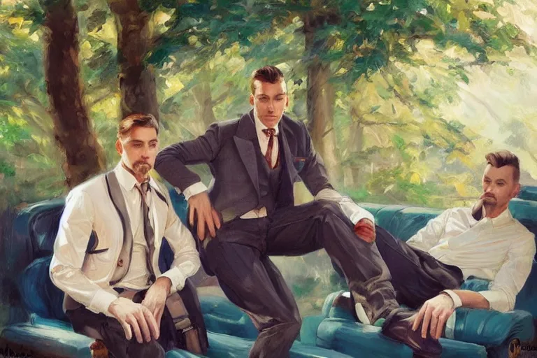 Image similar to 2 attractive men sitting on a coach in forest, painting by vladimir volegov, j. c. leyendecker, tom of finland, trending on artstation