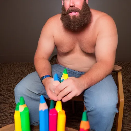 Prompt: six foot tall burly man named craig, eating crayons crayons stuffed into his mouth, chewing, eating, binging, sitting on a wooden chair, at evening, 4 k photograph