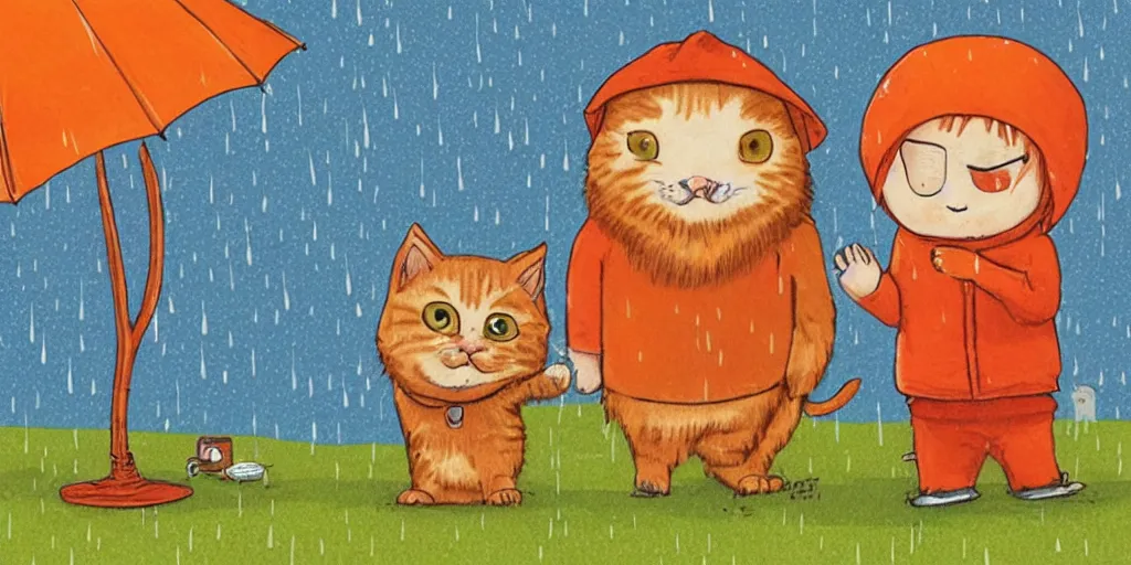 Image similar to a beard man and an orange tabby kitten standing in the rain by richard scarry