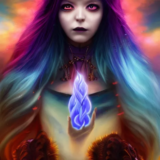 Image similar to rimuru tempest from tensura holding purple fire in his palm, with amber eyes of golden colored eyes, straight hair, sky blue hair, long bangs, gothic attire, regal attire, concept art, award winning photography, digital painting, cinematic, wlop, 8 k, by ross tran, tom bagshaw, andy warhol