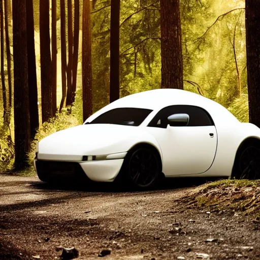 Prompt: a fluffy roadster covered with white fur parking in the forest, warm light, front view, centered, 4k, hd, highly detailed