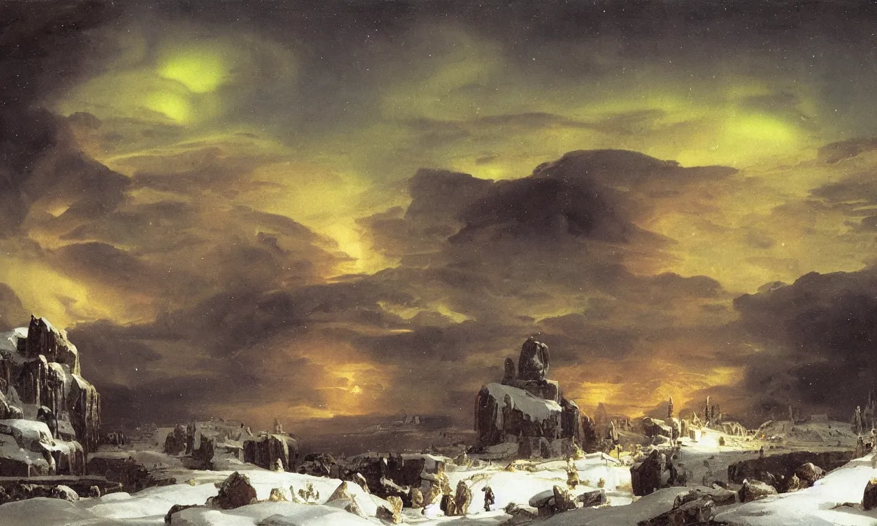 Prompt: ancient hyperborean city at night, snow, aurora borealis in the skies, artwork by Vsevolod Ivanov and Théodore Géricault and Thomas Cole, highly detailed, trending on wikiart