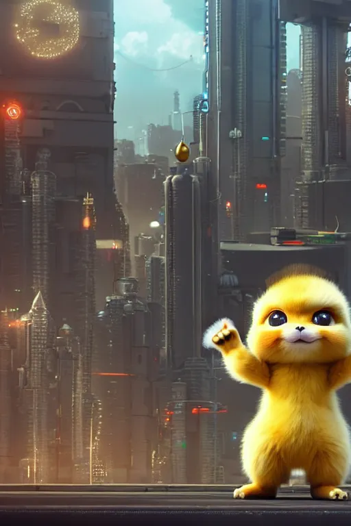 Image similar to high quality 3 d render very cute fluffy cyborg!! hanuman with gold nose piercings, highly detailed, cyberpunk mumbai in the background, unreal engine cinematic smooth, in the style of solaris & detective pikachu, hannah yata charlie immer, moody light, low angle, uhd 8 k, sharp focus