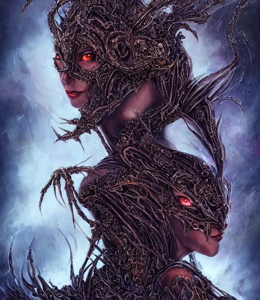 Image similar to close up portrait on the enchanting femenine queen of the zerg, hyper attractive, seductive, very complex, hyper-maximalist, overdetailed, legendary cinematic, darkfantasy, archetype with timeless beauty breathtaking eyes, her spider like legs spread evenly around her framing the image, collossal alien ship in the sky behind her, highly intricate, digital art, very elegant, HDR 8K, biblical art, realism, incomprehensible yet perspicious detail, unbeatable quality, silent hill aesthetic, photorealistic, lifelike, DSLR 8k, unbeatable coherency, Omnious intricate, octane render, created Nixeu & z--ed from deviantart