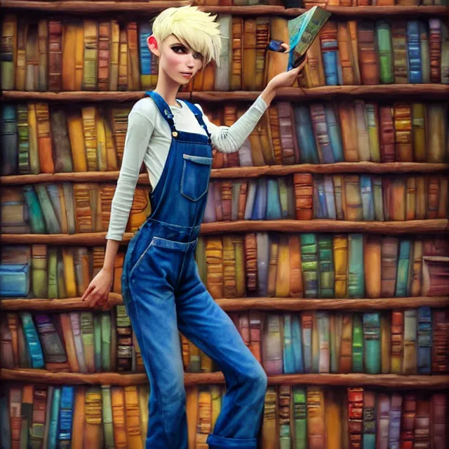 Image similar to full body pose, beautiful adult fairy, pixar, short white hair shaved sides, dirty, grungy, grunge, long sleeve, painted overalls, stacks of giant books, highly detailed, 4 k, hdr, smooth, sharp focus, high resolution, award - winning photo, artgerm, photorealistic