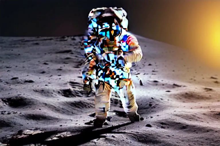 Prompt: still photo of astronaut in a space suit walking on the surface of moon, highly detailed, photorealistic portrait, bright studio setting, studio lighting, crisp quality and light reflections, unreal engine 5 quality render