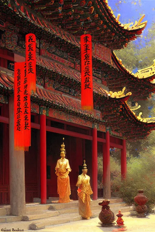 Prompt: Chinese temple, painting by Gaston Bussiere, Craig Mullins