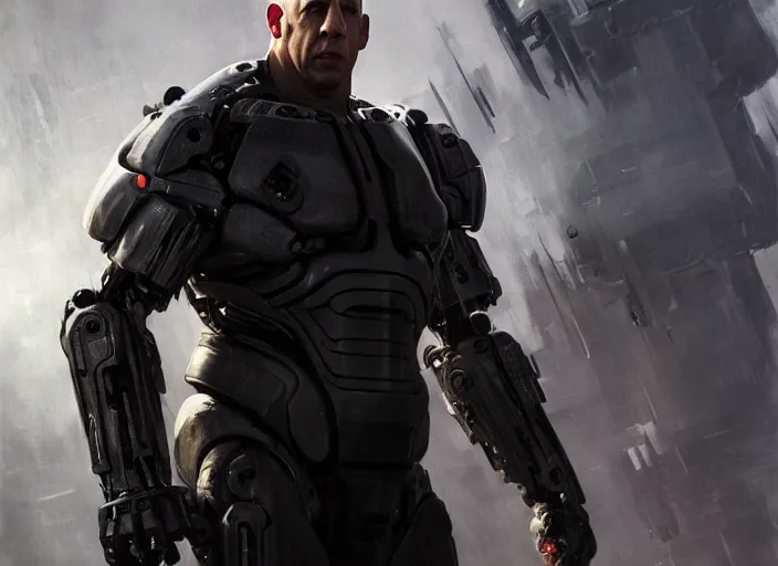 Prompt: vin diesel as victor stone, full body concept, cyborg, borg, strogg, face of a man, terminator, flesh, quake strogg, doom demon, wolfenstein, monstrous, powerful, symmetry, symmetrical, concept art by ruan jia and greg rutkowski