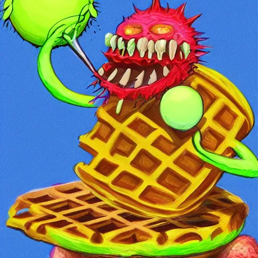 Image similar to a tennis ball monsters eating waffles, colorful, digital art, fantasy, magic, chalk, trending on artstation, ultra detailed, professional illustration by basil gogos