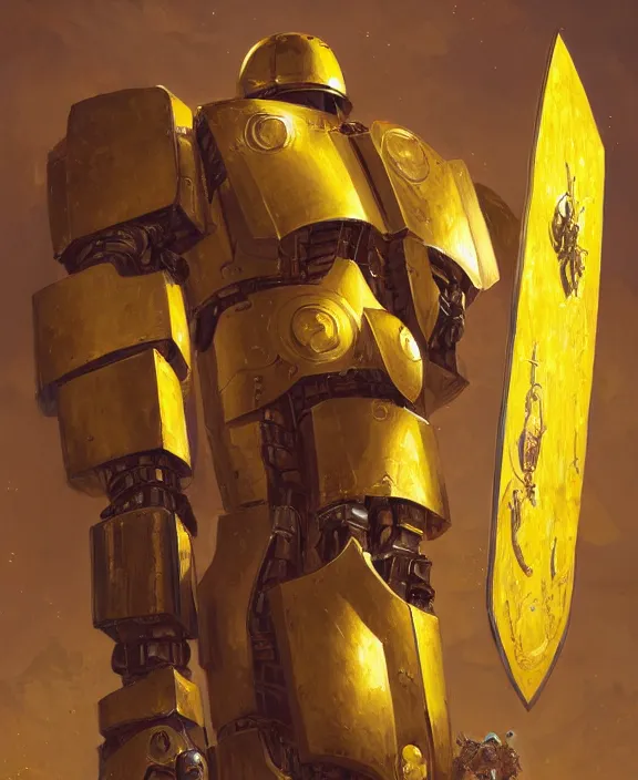 Image similar to human-sized strong intricate yellow pit droid holding large paladin medieval shield!!! and a long medieval engraved powerful great sword, pancake short large head painterly humanoid mecha, beautiful fantasy background by Greg Rutkowski