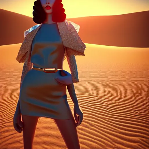 Image similar to innovative colorful avant-garde art, deco fashion, highly detailed, photorealistic portrait, serene desert setting, golden hour, crisp quality and light reflections, unreal engine 5 quality render