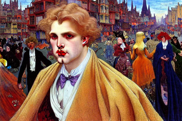 Image similar to realistic extremely detailed closeup portrait painting of an elegant blond male vampire in a cape, detailed crowded city street on background by Jean Delville, Amano, Yves Tanguy, Ilya Repin, Alphonse Mucha, William Holman Hunt, Ernst Haeckel, Edward Robert Hughes, Roger Dean, rich moody colours