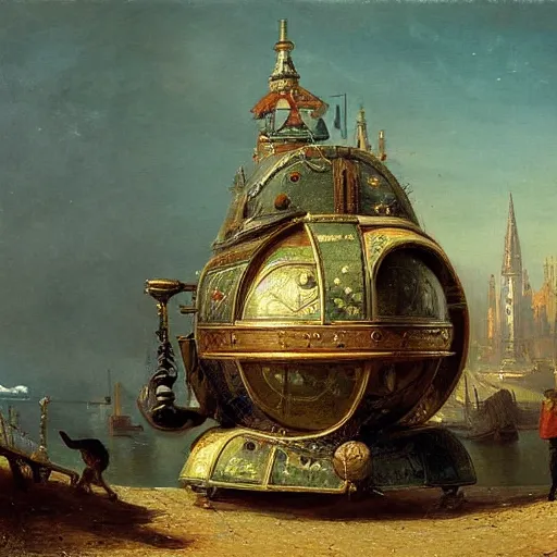 Image similar to detailed painting of a living capsule architecture with satellite, filigree ornaments, andreas achenbach