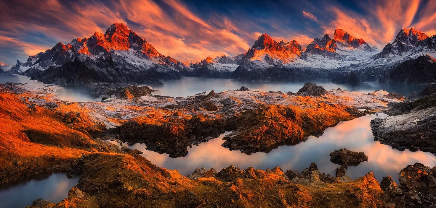 Image similar to amazing landscape photo of mountains with lake in sunset by marc adamus, beautiful dramatic lighting