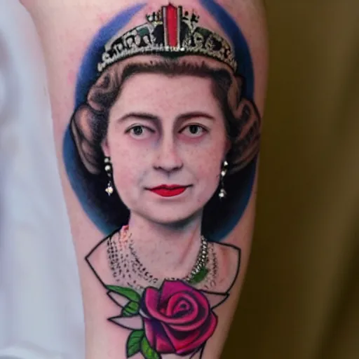 Prompt: of a young queen elizabeth with tattoos on her arms and a small rose tattoo on her face photo realistic