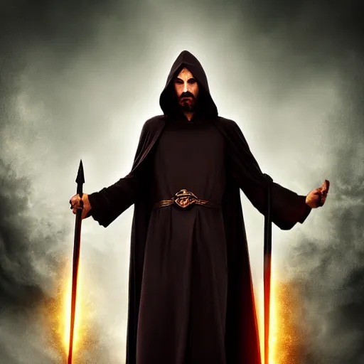 Image similar to a powerful dark sorcerer wielding tremendous magical power wearing dark robes, cinematic, epic, 4K, realism