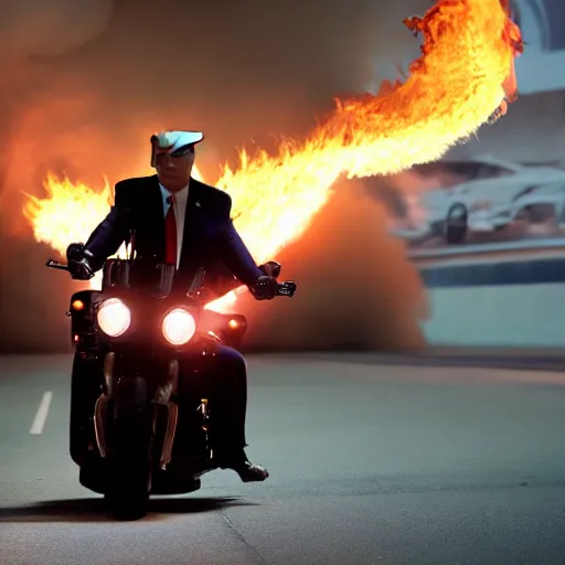 Image similar to Donald Trump on a motorcycle with fire coming out of the exhaust, cinematic lighting