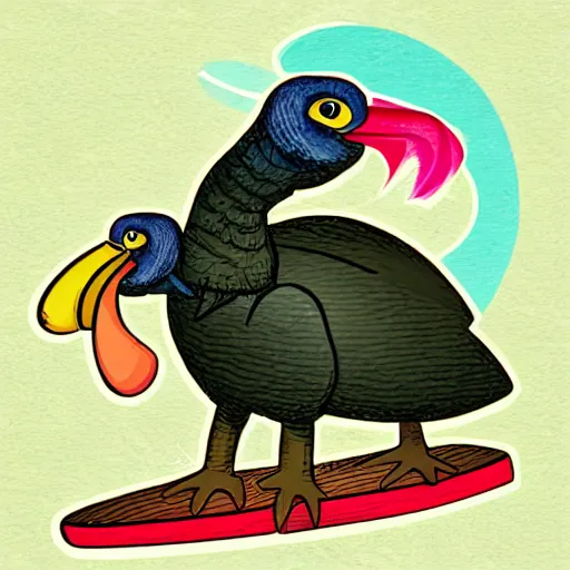 Image similar to cute digital illustration of a dodo bird surfing. super cute. tropical. colorful.