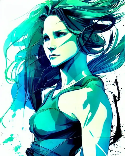 Image similar to style of yoji shinkawa, artgerm, joshua middleton, beautiful kristen bell with green dress, very long blue hair, water powers water swirling, symmetrical face, symmetrical eyes, detailed, beach setting, cinematic lighting