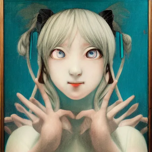 Prompt: hatsune miku in the style of leonardo da vinci, oil painting