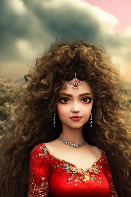 Prompt: dreamy beautiful persian asian princess in clouds, green eyes, red dress, long black curly hair, smiling, wearing a diamond tiara, face, highly detailed, artstation, concept art, sharp focus, hyper realistic, octane render, unreal engine, 8 k