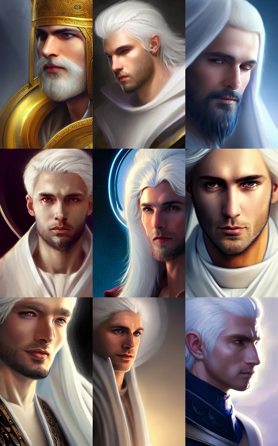 Prompt: closeup portrait of a beautiful calm and pious male aasimar cleric with white hair a halo above his head wearing white vestments under armor, by Raymond Swanland Greg Rutkowski Lise Deharm, intricate, masterpiece, sharp, digital art, full head, ArtStation, CGStation, 8k