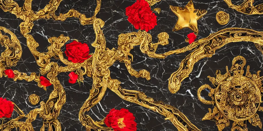 Prompt: tilt shift, huge italian masterpiece from behind, Obsidian, Ashford Black Marble sculpture, baroque, beautiful, gracious, pagans, marble and gold, space, stars, clouds, sun, drapes, greeks, fruits, bioluminescent, pomegranade, roses, render, artstation, draped with red Hibiscus and vines, ultra detailed