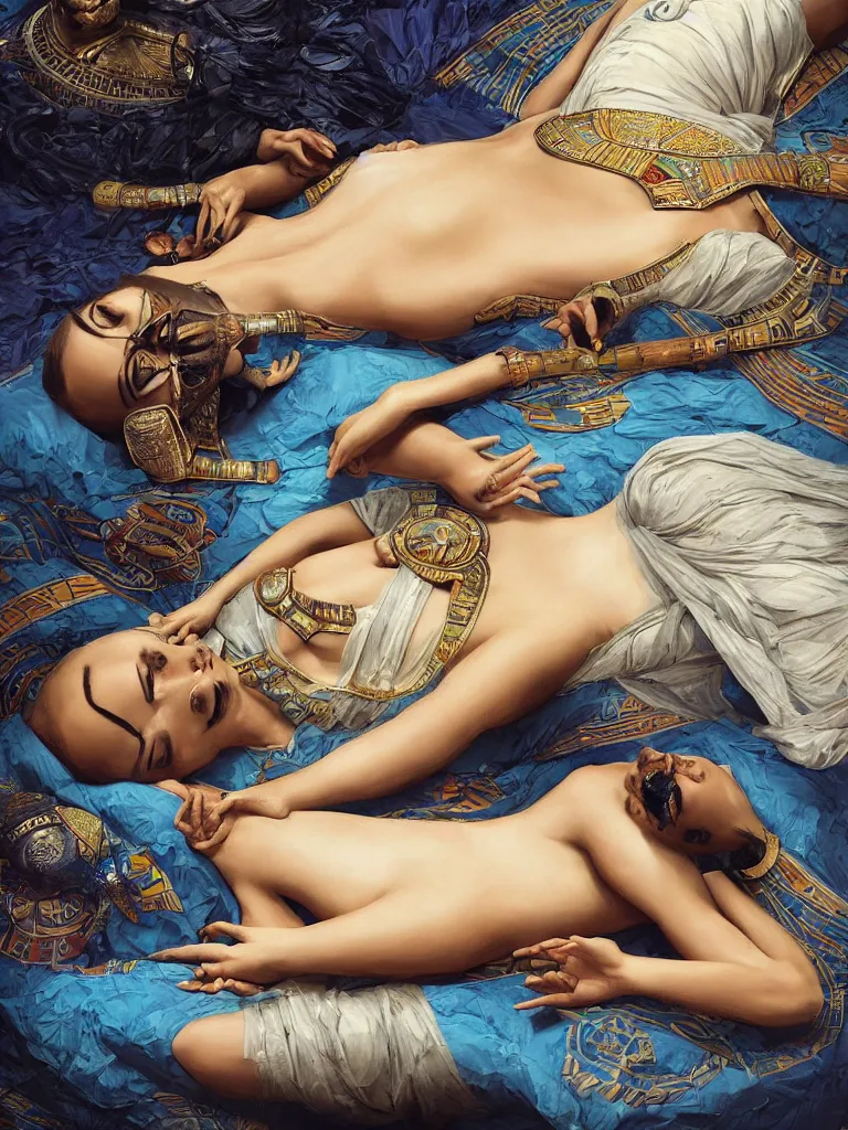 Prompt: portrait of a beautiful female ancient Egyptian goddess lying down asleep next to the god Anubis as a whippet, blue lotus flowers grow around them as they sleep peacefully, by Alessio Albi, painted by Artgerm