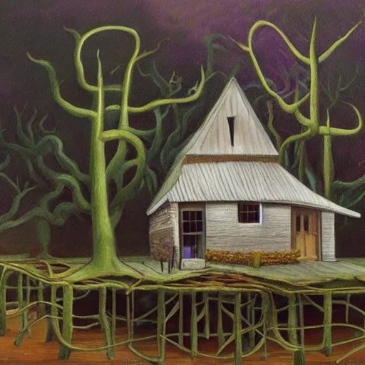 Image similar to a painting of a Eerie cabin in the middle of the woods in the style of Salvador Dali
