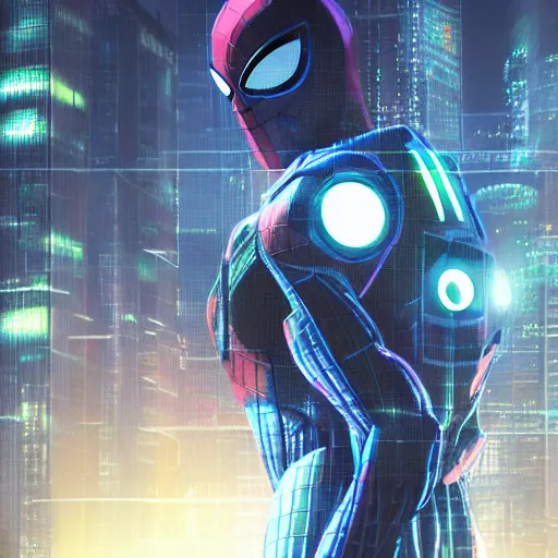 Prompt: cyberpunk spiderman robot ninja illumination ray tracing hdr fanart arstation by sung choi and eric pfeiffer and gabriel garza and casper konefal