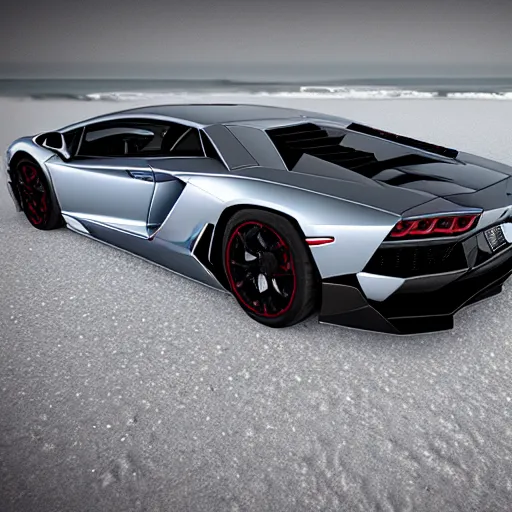 Image similar to A beautiful silver Lamborghini aventador on the beach, 8k, ray tracing