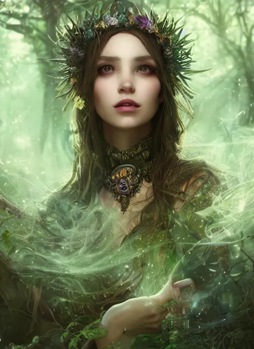 Image similar to Beautiful art portrait of a female fantasy sorceress in a dark mystical fantasy temple surrounded by lush spring time forest, atmospheric lighting, intricate detail, cgsociety, hyperrealistic, octane render, RPG portrait, ambient light, dynamic lighting