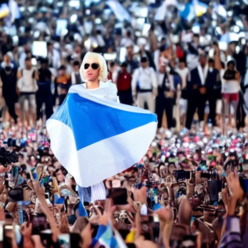 Image similar to Lady Gaga as president, Argentina presidential rally, Argentine flags behind, bokeh, giving a speech, detailed face, Argentina