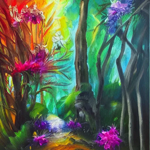 Prompt: secret hidden path in the forest leading to a portal to outerspace, prismatic weather, flowers, expressive oil painting