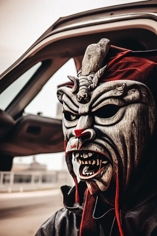 Image similar to guy with oni mask walkin on empty hood, photorealistic, smooth, 4 k, aesthetic lighting, baroque object, hyperdetailed, professional photography, pullitzer winning, photo by : canon eos 5 d mark iv, by karah mew and adnan abidi