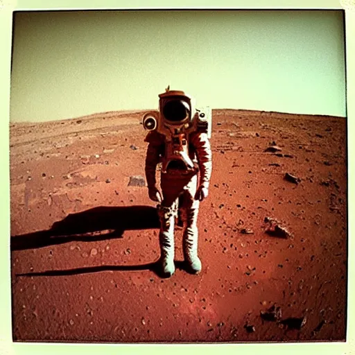 Prompt: selfie taken on mars before alien attack, polaroid, dust and scratches, sharp