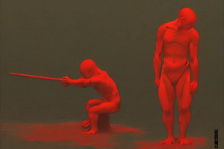 Image similar to only with red, a red samurai do seppuku, tokio, a lot of frogs watch, in the style of beksinski, parts by edward hopper, parts by rodcenko, parts by yue minjun, intricate and epic composition, red by caravaggio, insanely quality, highly detailed, masterpiece, red light, artstation, 4 k