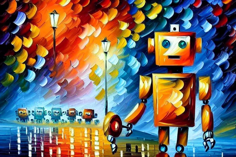 Image similar to a cute little robots painting by leonid afremov