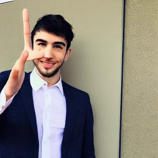 Image similar to a picture of the most attractive man on the planet wearing a suit, giving a peace sign,