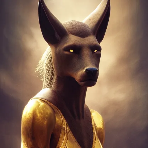 Image similar to Majestic gracious Anubis female warrior portrait, atmospheric lighting, painted, intricate, volumetric lighting, beautiful, rich deep colors masterpiece, golden hour, sharp focus, ultra detailed, by Leesha Hannigan, Ross Tran, Thierry Doizon, Kai Carpenter, Ignacio Fernández Ríos