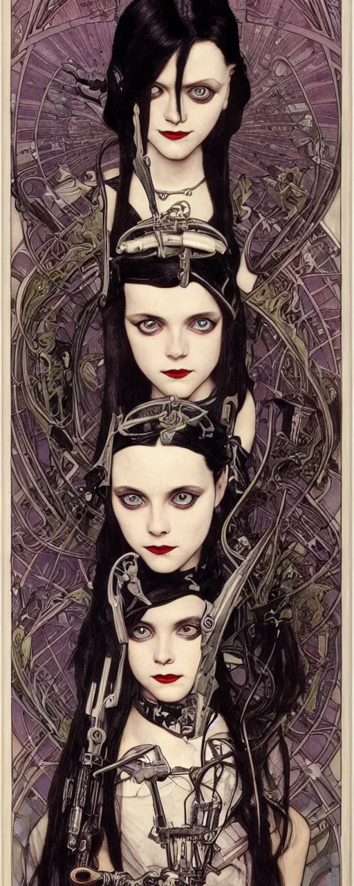 Image similar to beautiful stunning sci - fi art nouveau portrait of wednesday addams as a heavy metal industrial crustpunk rebel soldier by michael kaluta, moebius and alphonse mucha, photorealism, extremely hyperdetailed, perfect symmetrical facial features, perfect anatomy, ornate declotage, weapons, circuitry, high technical detail, determined expression, piercing gaze