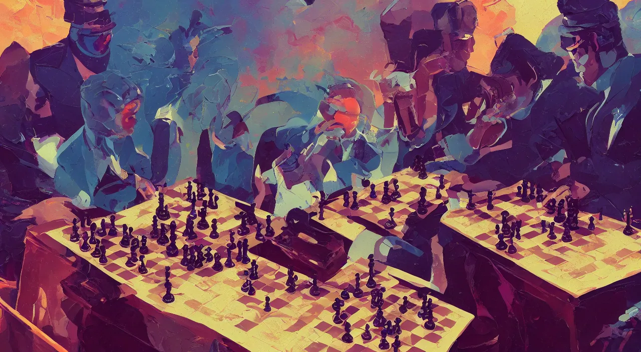 Prompt: a graph style gauche impasto, oil paint, people playing chess, steampunk art by james gilleard, cgsociety, retrofuturism, synthwave, retrowave, outrun, autumn color.